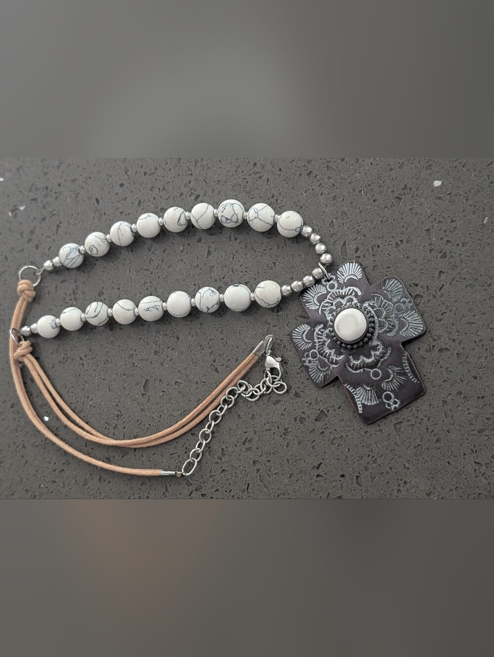 White Howlite Beaded Cross Necklace with Tan Cord - Picture 5 of 5